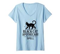 Donna La Farmacia Black Cat Si Ferma per Un Incantesimo Maglietta con Collo a V