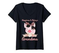Donna La felicità è essere una nonna carino maiale per la nonna Maglietta con Collo a V