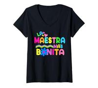 Donna La Maestra mas Bonita Spanish Bilingual Teacher Maglietta con Collo a V