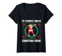 Donna La mia Canzone Preferita è Christmas Music Dab Santa Ugly Sweaters Maglietta con Collo a V