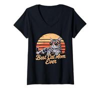 Donna La migliore mamma gatta di sempre - Simpatica gattina retrò amante dei gatti al tramonto Maglietta con Collo a V