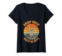 Donna La Musica Arrabbiata Mi Rende Felice Funny Skeleton Retro Rock On Maglietta con Collo a V