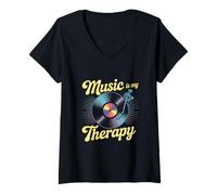 Donna La musica è la mia terapia Musica Musicisti Cuffie Musica Meme Maglietta con Collo a V