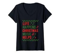 Donna La Musica Natalizia Life Happens Aiuta Le Vacanze Festive Maglietta con Collo a V