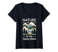 Donna La natura è il mio posto felice campeggio escursionismo all'aperto paesaggio Maglietta con Collo a V
