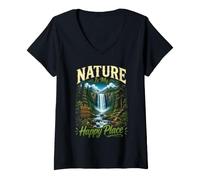 Donna La Natura È Il Mio Posto Felice - Cascata Foresta Maglietta con Collo a V