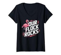 Donna La nostra famiglia di vacanze estive Flock Rocks Flamingo Maglietta con Collo a V
