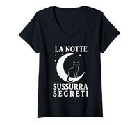 Donna La Notte Sussurra Segreti - Maglietta con Citazione Italiana con Gatto Notturno spettrale Maglietta con Collo a V