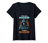 Donna La Sicurezza informatica Pensa Come l'umorismo della Difesa etica degli Hacker Maglietta con Collo a V
