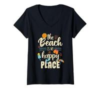 Donna La Spiaggia è Il Mio Posto Felice Maglietta con Collo a V