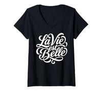 Donna La Vie EST Belle Francese Vita Bella Script Maglietta con Collo a V