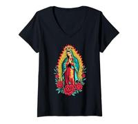 Donna La Virgen di Guadalupe con Rose e Aura Dorata Maglietta con Collo a V