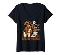 Donna La Vita è Migliore con caffè e Basset Hounds - Basset Hound Maglietta con Collo a V