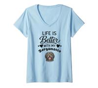 Donna La Vita È Migliore con Il Mio Cane Pastore Bergamasco Maglietta con Collo a V
