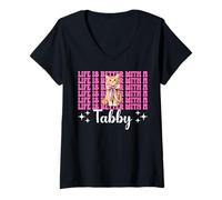 Donna La Vita è Migliore con Un Gatto Arancione Tabby Ragazza Gatto Mamma Coquette Maglietta con Collo a V