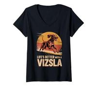 Donna La vita è migliore con un Vizsla - Grafica vintage con cane da corsa Maglietta con Collo a V