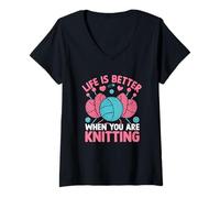 Donna La vita è migliore quando lavori a maglia Maglietta con Collo a V
