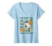 Donna La Vita è Migliore sotto Le Stelle Vintage Camping Outdoor Art Maglietta con Collo a V