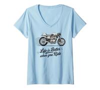 Donna La vita è migliore su una moto classica retrò Cafe Racer Bike Maglietta con Collo a V