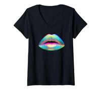 Donna Labbra arcobaleno lucido Pop Art stile colorato Maglietta con Collo a V