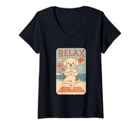 Donna Labrador Relax Yoga Divertente Rilassante Cane Golden Retriever Maglietta con Collo a V