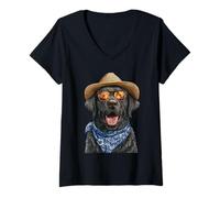 Donna Labrador Retriever con Occhiali da Sole e Cappello di Paglia Cane Estate Maglietta con Collo a V