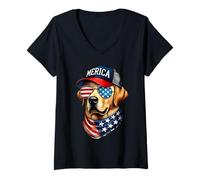 Donna Labrador Retriever giallo 4 luglio Merica USA Flag Lab Maglietta con Collo a V