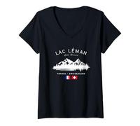 Donna Lac Léman Lago Ginevra Francia Svizzera Bandiera Svizzera Francese Maglietta con Collo a V
