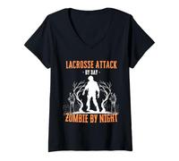 Donna Lacrosse Attack by Day Zombie by Night Fun Halloween Creepy Maglietta con Collo a V