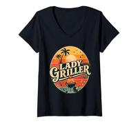 Donna Lady Griller Retro Sunset BBQ Grill Donna Barbecue Queen Maglietta con Collo a V