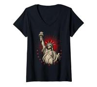 Donna Lady Liberty Red Sunburst xilografia Maglietta con Collo a V