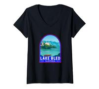 Donna Lago di Bled Slovenia Travel Art Emblema Vintage Maglietta con Collo a V