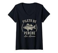 Donna Lago di Ginevra Pesce Persico Filets de Perche Maglietta con Collo a V