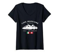 Donna Lago Maggiore Italia Svizzera Monti Lago Bandiera Italiana Maglietta con Collo a V