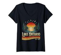 Donna Lago Ontario EST 1615 Tramonto Vintage Pini Design Maglietta con Collo a V
