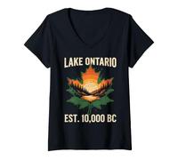 Donna Lago Ontario Maple Leaf Tramonto EST 10000 a.C Maglietta con Collo a V