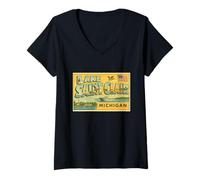 Donna Lago Saint Clair Michigan 50s Vintage Travel Art Graphic Maglietta con Collo a V