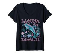Donna LAGUNA BEACH CA DOLPHIN SOUVENIR SPIAGGIA COLORATO Maglietta con Collo a V