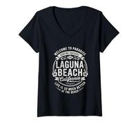 Donna Laguna Beach California USA Vintage Paradise Opera d'Arte Maglietta con Collo a V