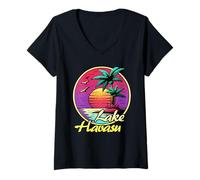 Donna Lake Havasu. 80s Palm Sunset. Tropical Beach Summer. Maglietta con Collo a V