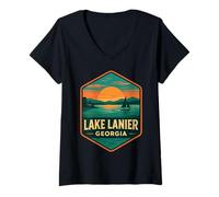 Donna Lake Lanier Camicia Vintage Rustico Camping Dock Georgia USA Maglietta con Collo a V