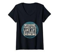 Donna Lake Life Weekend Forecast Funny Daying Retro Badge Maglietta con Collo a V