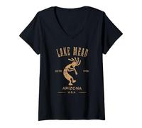 Donna Lake Mead Arizona Dancing Kokopelli Design Distressed Maglietta con Collo a V