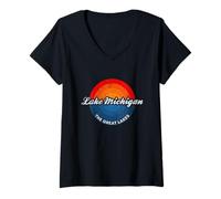 Donna Lake Michigan Lago Michigan The Great Lakes Maglietta con Collo a V