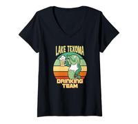 Donna Lake Texoma Drinking Team Divertente Pesce Birra Pesca Campeggio Maglietta con Collo a V