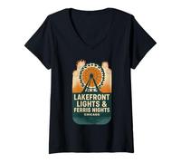 Donna Lakefront Lights Chicago Maglia Ferris Wheel Fireworks Retro Maglietta con Collo a V