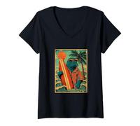 Donna Lamantino Surfista Retro Hawaiano Spiaggia Estate Mare Surf Maglietta con Collo a V