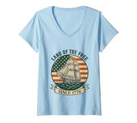 Donna Land of the Free Since 1776 Patriotic Vintage Bandiera Americana Maglietta con Collo a V