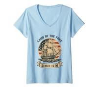 Donna Land of the Free Since 1776 Patriotic Vintage Bandiera Americana Maglietta con Collo a V