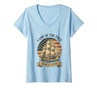 Donna Land of the Free Since 1776 Patriotic Vintage Bandiera Americana Maglietta con Collo a V